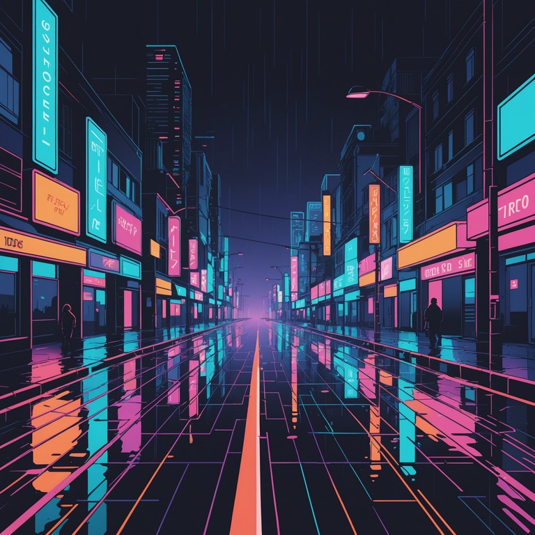 This track explores the pulsating heart of a neon drenched city at midnight, blending enigmatic melodies with the urban sound of raindrops and distant voices to create an immersive auditory experience. The soundscape captures a journey through shadowy streets where every corner offers a new, veiled mystery powered by synthesizer beats.