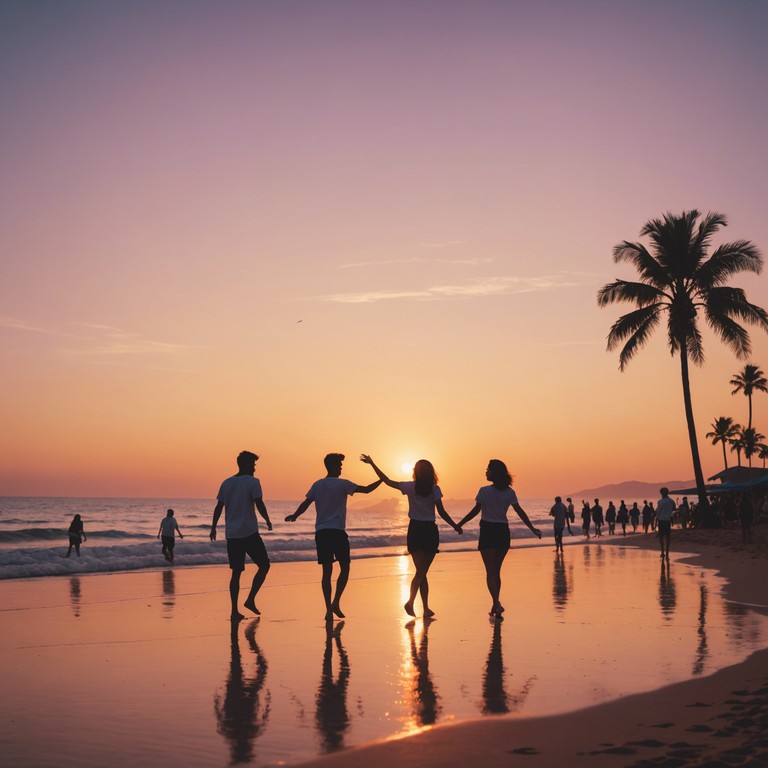 Imagine relaxing at a sunset beach party while sultry rhythms of reggaeton blend with the disappearing sun's glow. The beat syncs with waves' whispers enhancing the vibe, gradually transitioning into a lively dance session as the stars appear. An electric guitar melds with reggaeton's thumping bass, crafting an irresistible summer night tune.