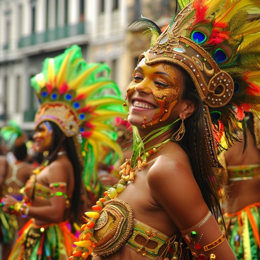 Punchy and dynamic samba rhythms inspired by rio's vibrant carnival, featuring upbeat percussion, syncopated patterns, and thrilling grooves. The track builds tension and excitement, depicting the lively festivity and dramatic flair of a midnight parade.