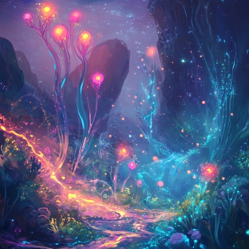 Explore a neon lit, enchanting realm where dreamy synth melodies weave through the mystical soundscape, blending ethereal elements with rhythmic pulses for a captivating auditory experience.