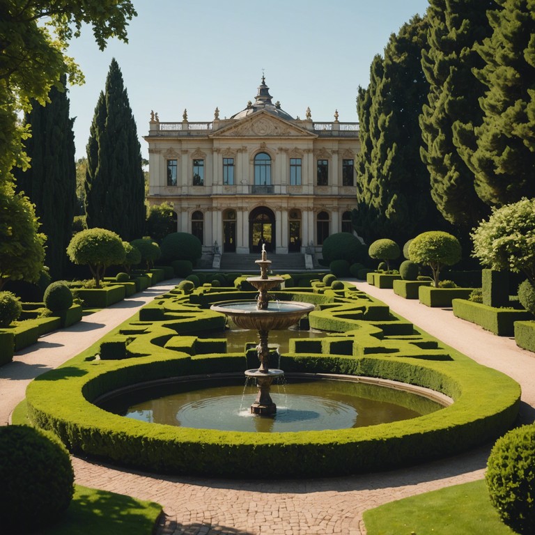 This composition captures the essence of a serene afternoon in a sunlit baroque palace garden, where the delicate sounds of a harpsichord complement the gentle rustling of leaves, creating an atmosphere of nobility and quiet reflection.