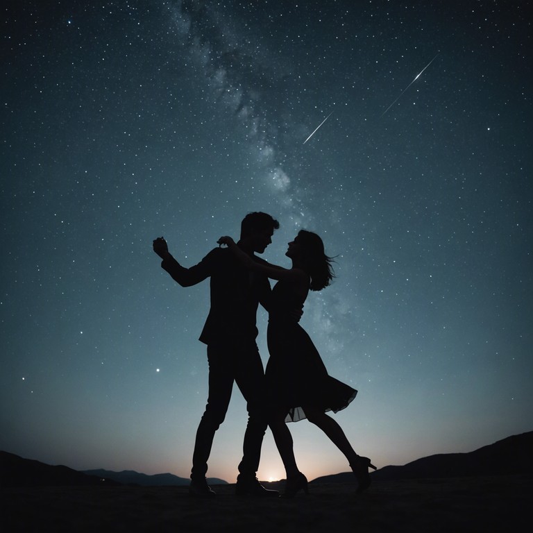 A romantic rumba piece embodying a late night dance under starlit skies, where slow, sensual rhythms fuse with sultry, echoing guitar melodies to create an atmosphere of intimate allure. The music sways like gentle whispers between lovers, enveloped in the warmth of a soft, seductive embrace