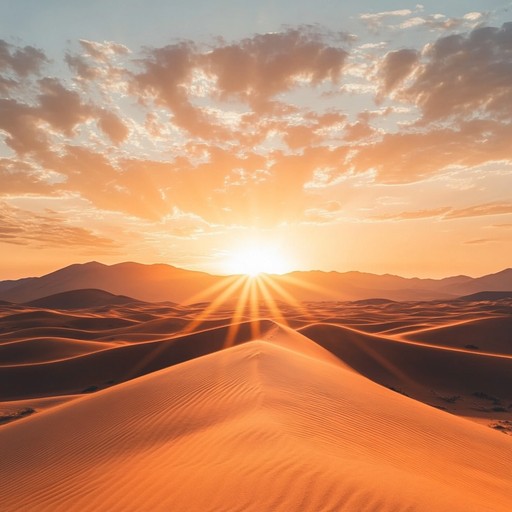 An instrumental ambient track featuring rhythmic synthesizer patterns inspired by the rising sun over the expansive sahara desert, capturing the energizing and uplifting moment as light spreads over the dunes.