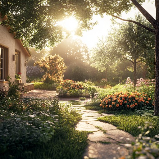 Picture yourself in a sunlit, tranquil garden full of colorful flowers and soft breezes, with gentle, soothing melodies creating an ambient soundscape