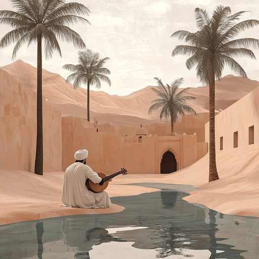 Let the gentle sound of the oud take you to a serene middle eastern desert oasis where the quiet rustle of palm trees and the distant sound of a flowing spring create an atmosphere of complete peace and reflection. The music blends traditional elements with a soothing modern touch, perfect for moments of relaxation and introspection.