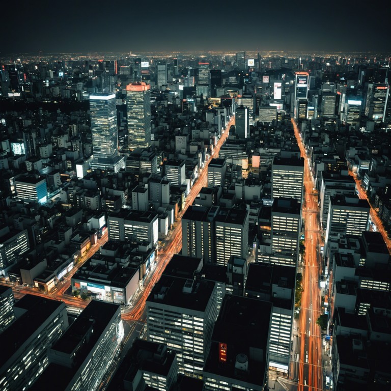 Visualize the energy of tokyo at night transformed into a rhythmic, electronic ode to the city's undying spirit. The music flows like the pulse of the city, lit by the glow of a thousand lights.