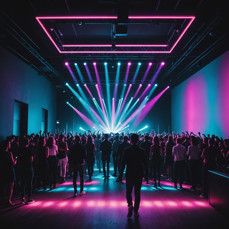 Imagine a stadium filled with lights and a crowd moving as one to the sound of electrifying guitar riffs combined with hypnotic dance beats. The vibe is an intense celebration of sound where dance and rock collide, creating a uniquely energetic musical experience.