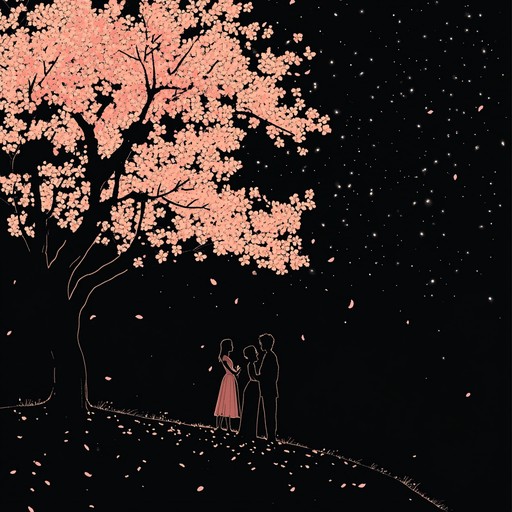 An instrumental piece capturing a romantic evening beneath starlit cherry blossoms, blending traditional japanese instruments with contemporary pop for a heartfelt atmosphere