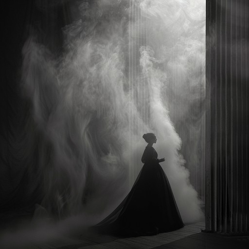 Create an instrumental piece capturing the enigmatic and ethereal atmosphere of an opera house after the curtains fall. The track should suggest the presence of a ghostly diva whispering her lost tales through lingering piano notes and subtle orchestral whispers.