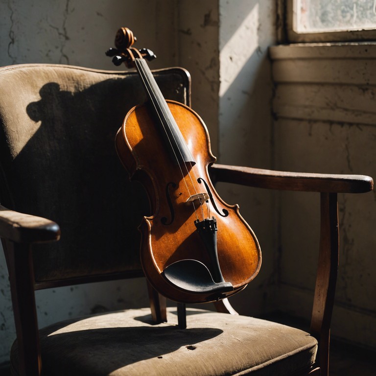 In the depths of an empty theatre, a solitary violin plays, its melancholic strains resonating through the vast silent space, invoking feelings of lost times and the eerie beauty of solitude.