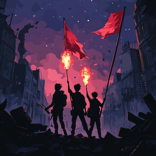 A stirring instrumental piece featuring authoritative drum patterns and rebellious melodies, embodying the essence of revolution and defiance. It creates an empowering atmosphere, ideal for moments of uprising and battle preparations, where the call for change resounds through every beat.