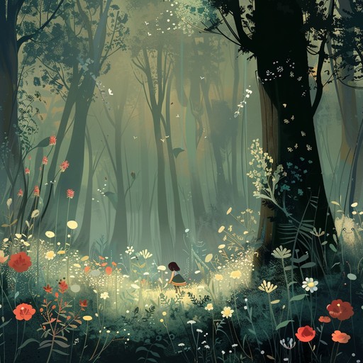 Craft a whimsical journey through a magical forest filled with pixie whispers, soft rustling leaves, and delicate flowers blooming. Warm tones combined with light and airy compositions create a serene and tranquil experience.