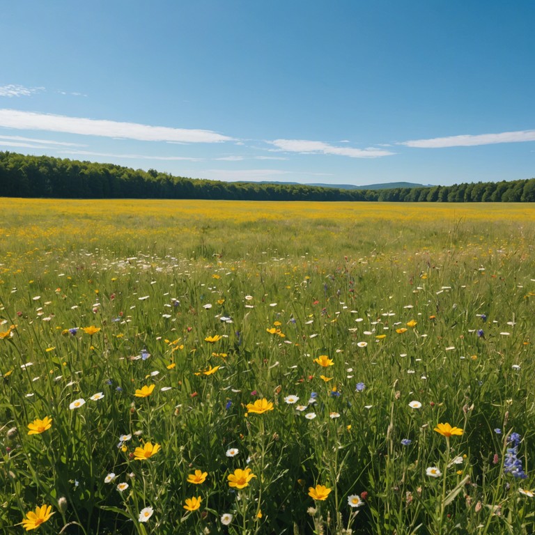 The song features a whimsical and cheerful banjo tune that invites the listener on an imaginary stroll through sunny, flower filled meadows. The composition blends traditional country music with a playful and optimistic spirit, capturing the essence of a peaceful day in the countryside.