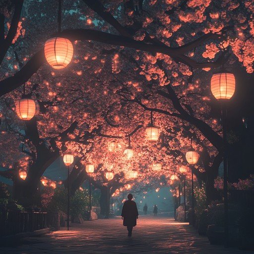 A relaxing instrumental capturing the essence of peaceful night walks under cherry blossoms in tokyo, featuring gentle acoustic guitar and subtle synth layers to create a calming atmosphere for reflection and tranquility.