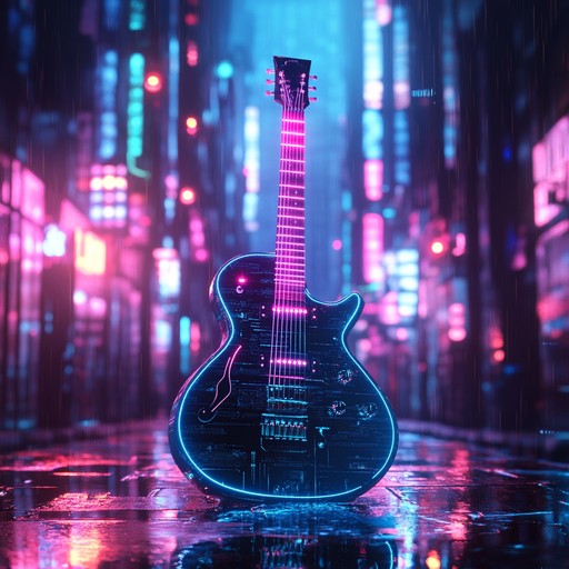 An intense instrumental track blending heavy guitar riffs with futuristic electronic elements, evoking a neon soaked cityscape in a dystopian future.