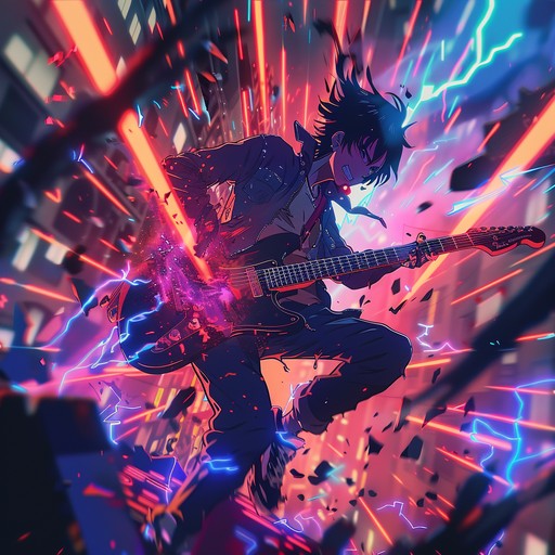 Immerse yourself in an anime battlefield with unpredictable energy bursts and frenetic manipulations. Electric guitar riffs combined with j pop elements create a chaotic and energetic soundscape, suitable for intense and erratic scenes.