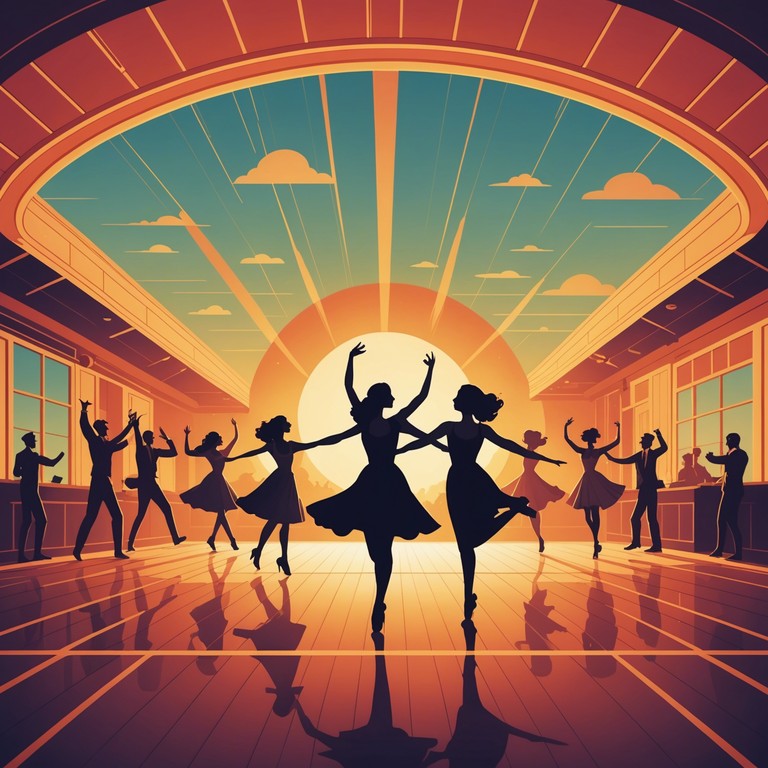 An early morning dance celebration as the sun rises, casting beams of light through large hall windows, shining upon smiling faces and lively dancers, all moving in harmony with the joyful tunes of the swing era amplified by a stunning trombone lead.