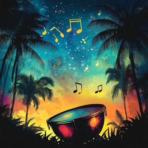 A spirited instrumental blending funky grooves with tropical sounds, featuring lively steel drum melodies over syncopated basslines and percussive rhythms. The track paints a picture of dancing on the beach during a colorful sunset.