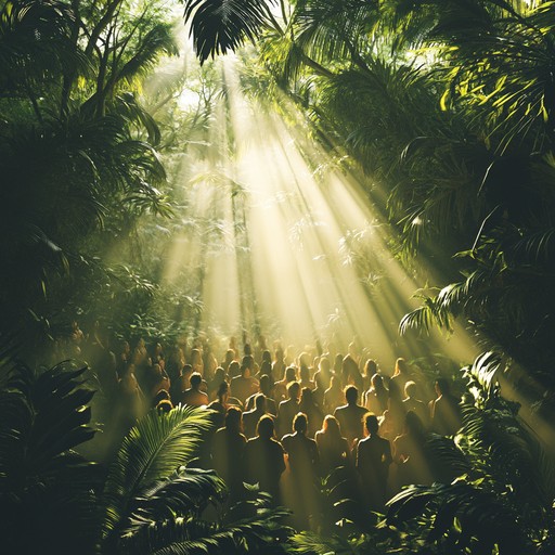 A truly unique blend of gospel choir harmonies set against the vibrant, rhythmic backdrop of jungle percussion. This piece captures the celestial essence of traditional gospel music while integrating the primal and organic sounds of the jungle, creating an atmosphere that feels both divine and earthly. The layering of rich vocal harmonies with lively, exotic drum rhythms offers an uplifting and deeply spiritual listening experience that transports listeners to both a sacred choir loft and a lush rainforest. Whether for meditative reflection or dynamic performance, this track promises to be a profound auditory journey.