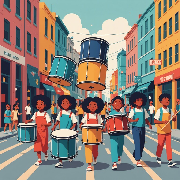 A strongly rhythmic and vibrant song tailored for children, featuring powerful drum beats with whimsical melodies that encapsulate the spirit of youthful exuberance and playful disobedience, perfect for engaging the young audience in dance and animated play.