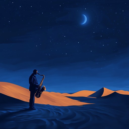 A rich, exotic fusion of smooth jazz and middle eastern rhythms. A lush soundscape invites you to a moonlit journey through the desert, where soulful saxophone melodies intertwine with intricate darbuka rhythms, evoking both warmth and intrigue.