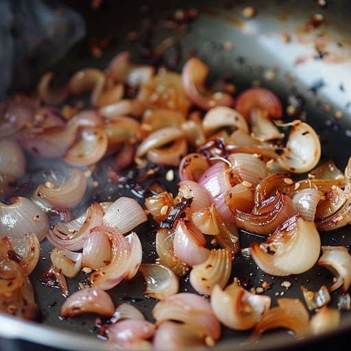 A skilled chef gently sautés thinly sliced shallots in a well-seasoned cast iron skillet, allowing the butter to brown slightly and infuse a rich, nutty aroma as the shallots caramelize to a tender golden brown.