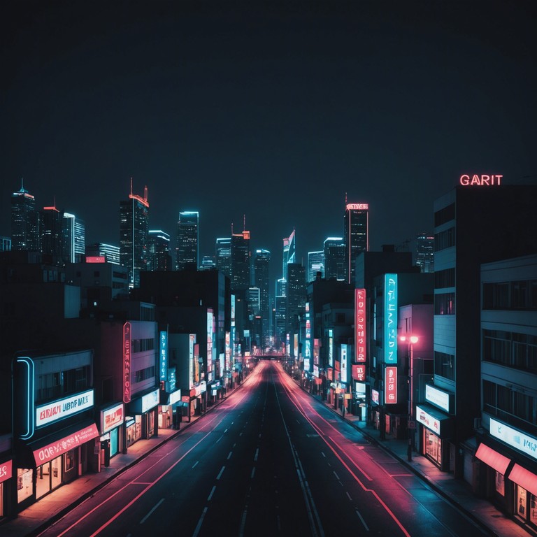 A track that embodies the essence of a tranquil, neon lit cityscape at night, combining soft rhythms with a hauntingly gentle melody played on a synthesizer. The music evokes a peaceful stroll through a lively, illuminated urban scene, where the hustle of daytime has given way to the serene ambiance of twilight.