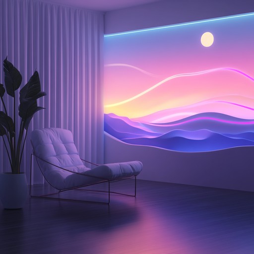 A serene blend of ambient synths and nostalgic new wave rhythms, creating a relaxing and introspective soundscape reminiscent of twilight with electric hues.