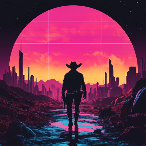 An instrumental track that combines the gritty atmosphere of the old west with futuristic electronic elements. The twang of electric guitars meets pulsating synth rhythms, depicting a high noon showdown in a dystopian desert landscape.