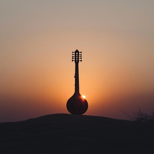 An exotic blend of traditional indian sitar with soft electronica creates a peaceful soundscape, as if wandering through a sand swept desert at dusk. The music incorporates gentle electronic beats and drone like synths underpinning the sitar's melodious charm, ideally representing a fusion of ancient melodies and modern textures.