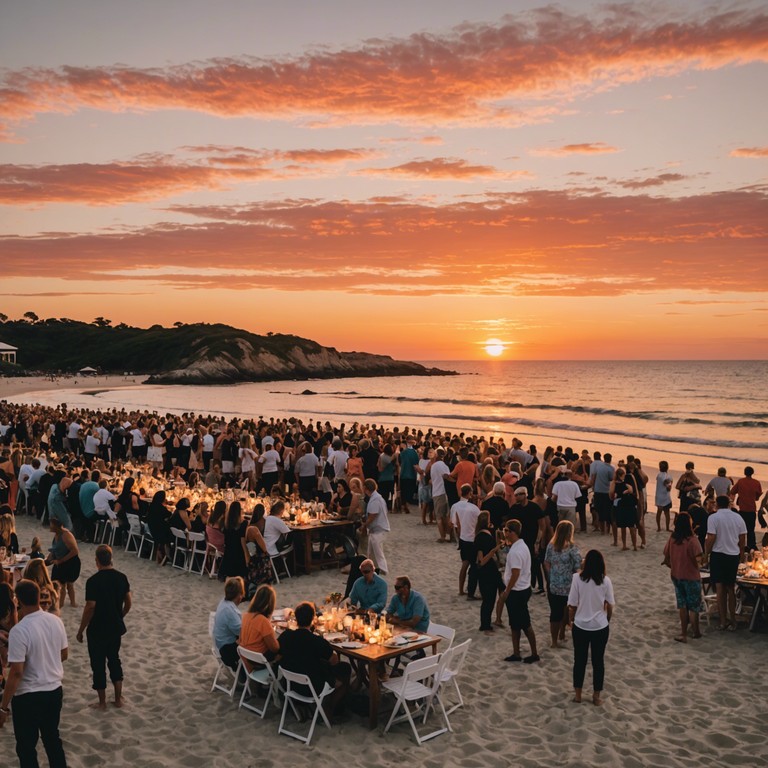 The song captures the essence of sunset at a tropical beach where the rhythmic beats of rumba blend with the sound of waves, encouraging listeners to dance and celebrate the beauty of the moment. The music progresses with engaging rhythms that support a festive atmosphere, rich in cultural celebration and communal joy.