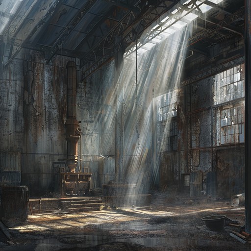 Industrial echoes and eerie sounds combine to evoke a tense, haunted atmosphere as if walking through an abandoned factory, haunted by dark memories and spectral voices.