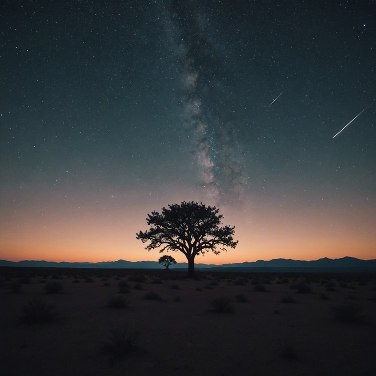 Imagine an acoustic expression of silence and vastness in a desert setting, where every string pluck reflects the mystical and profound aspects of nature and existence.