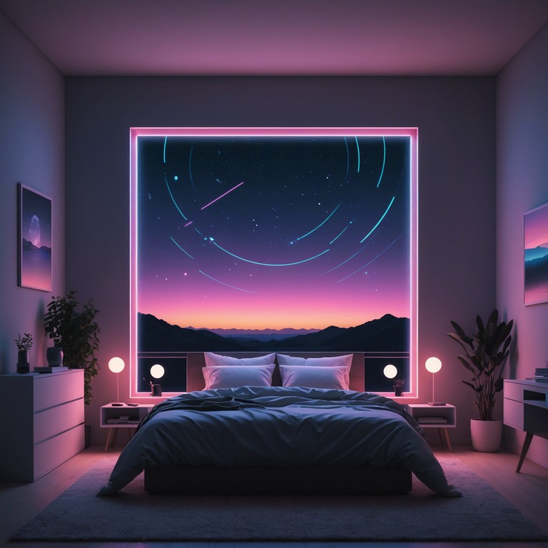 In a tastefully minimalistic bedroom illuminated by the iridescent glow of futuristic technology, ethereal and lush digital sounds create an ethereal ambiance. Soft synthetic undertones replicate a sense of dreaming under a digital sky, combining contemporary electronic beats with airy, dream like sequences that encourage deep introspection and emotional exploration.