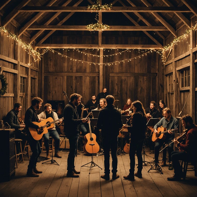 Imagine a spirited soundtrack that captures the joyful chaos of a country holiday gathering, combining traditional bluegrass rhythms with seasonal bell like overtones to create a festive and lively atmosphere that feels both nostalgic and invigorating. Ideal for setting a joyful, celebratory scene in any festive environment.