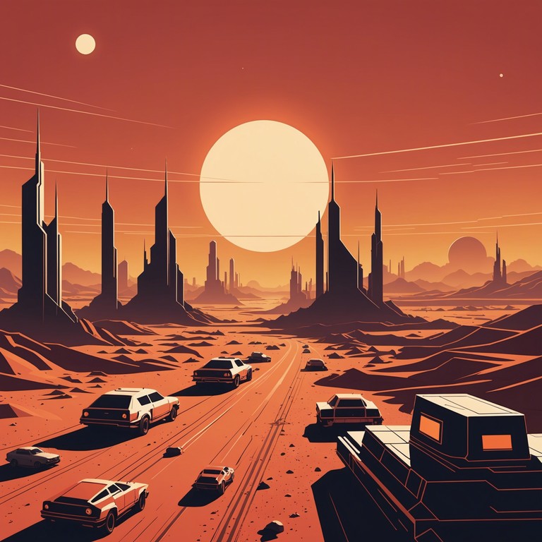 Imagine watching the sun rise on mars through the lens of retro synth currents, evoking both tranquility and a sense of adventure in the red martian soil.