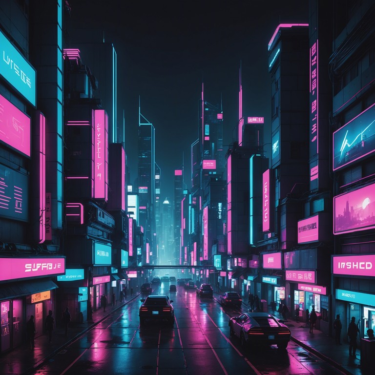 Imagine a track where the edgy echos of electric guitar notes meet the high energy pulse of a city that never sleeps. Vibrant, futuristic, and wrapped in mystery, creating a lively yet suspenseful atmosphere in the cyberpunk universe.