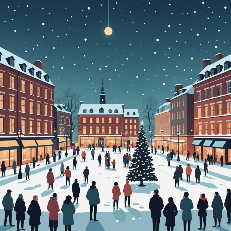 Imagine a freshly snow covered city, bustling with life as strings orchestrate the sound of joy and festivities during a winter evening. The music paints a picture of communities coming together celebrating the serene, festive joy of the season with a backdrop of glistening, soft snow under city lights.