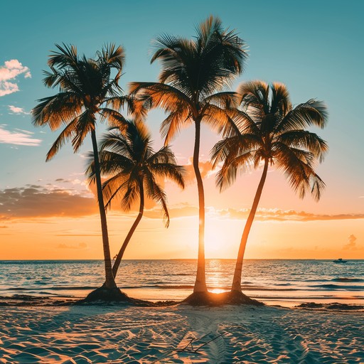 An evocative tropical track filled with saudade, blending soft marimba melodies with gentle waves, capturing the poignant moment of a melancholic sunset over an idyllic island paradise