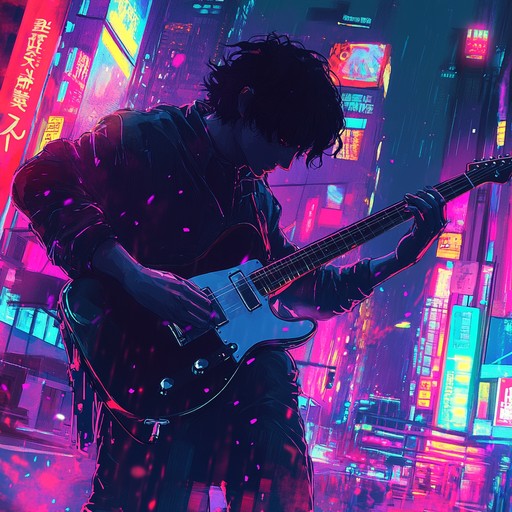 An instrumental track blending funky basslines and electric guitar riffs with anime inspired synth melodies, capturing the excitement of a bustling neon lit cityscape at night.