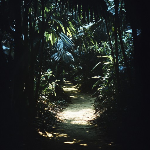 An ambient composition that blends lush, tropical soundscapes with sinister, unsettling undertones. The track employs eerie percussive elements, haunting synths, and distant, mysterious sounds, invoking the feeling of walking through a dense, shadow filled jungle. The melody is slow paced, creating a deeply immersive, foreboding atmosphere, perfect for creating an intense and suspenseful ambiance