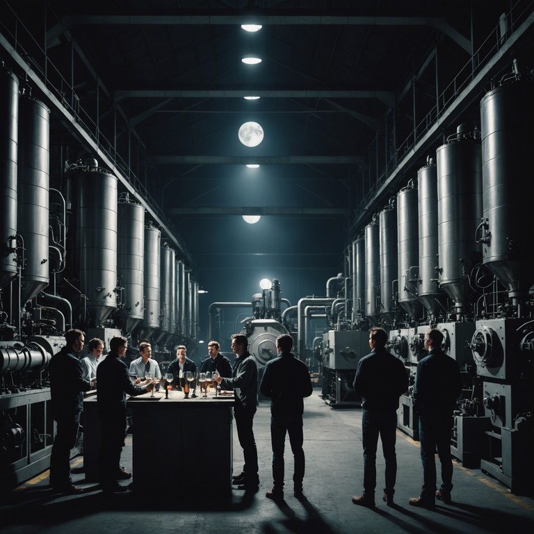 This track blends the raw, mechanical edge of industrial rock with a celebratory tone, emulating the euphoria of a moonlit celebration among steel giants. Thunderous drums and electric guitars build a soundscape of industrial fury softened by rhythmic cheers and clinks, mimicking toasts among friends in a factory setting.