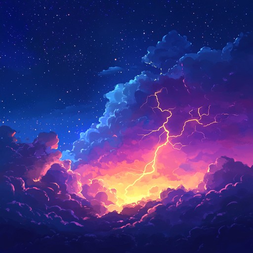 Craft an electronic track that feels like a journey through an intense, futuristic thunderstorm in space. Powerful synthesizers and deep basslines drive the energy, offering a sense of epic adventure and electrifying suspense.