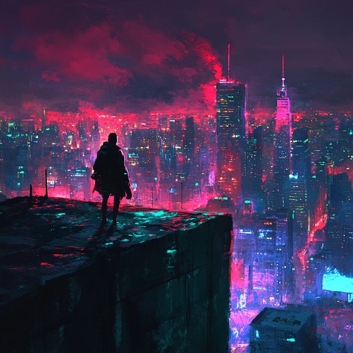 An intense composition capturing a dystopian city's tension and survival struggle