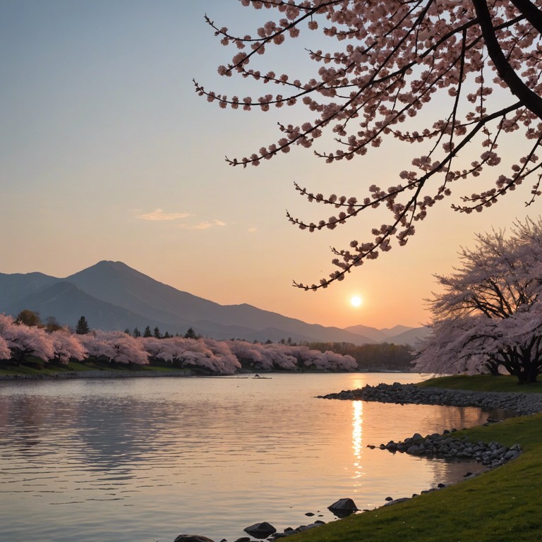 As the sun sets, a gentle melody accompanies the falling cherry blossoms, creating an atmosphere of tranquil reflection. A perfect backdrop for moments of quiet contemplation or gentle studying.