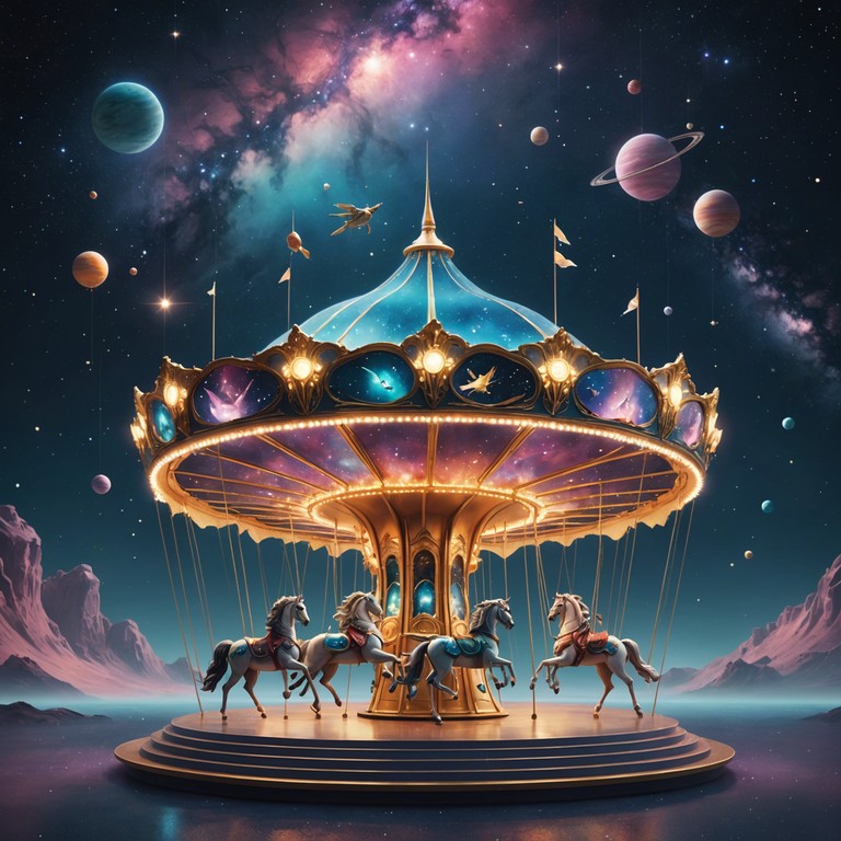 A whimsical, playful track that encapsulates the feel of a carousel floating through a space fair, with futuristic synth tones providing a curious contrast against a slowly turning ride amidst stars.