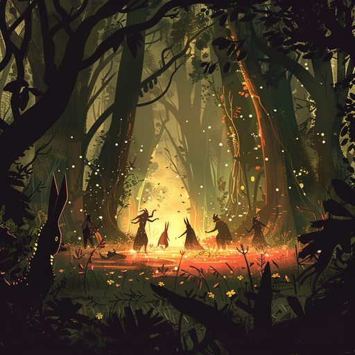 Step into a world where rhythms and melodies bring to life a forest brimming with magic and festivity. The energetic flute lines weave through the lush, lively background, crafting a setting where enchantment meets jubilant dance.