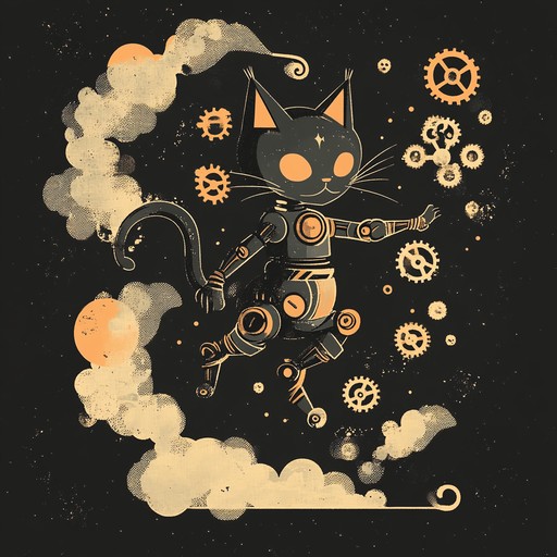 An instrumental piece that combines the mechanical rhythm of clockwork sounds with the light hearted melodies of a playful cat's dance, evoking a whimsical steampunk atmosphere