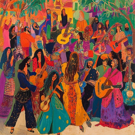 Craft an energetic chalga piece with rich gypsy festival sounds, featuring dynamic accordion, tambourines, and vibrant strings. The song captures the essence of lively, whimsical celebrations, inviting the listener to join in vibrant dance melodies.