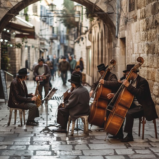 A riveting blend of klezmer music characterized by raw violin textures and urban ambience, creating a vivid auditory depiction of old rustic streets.